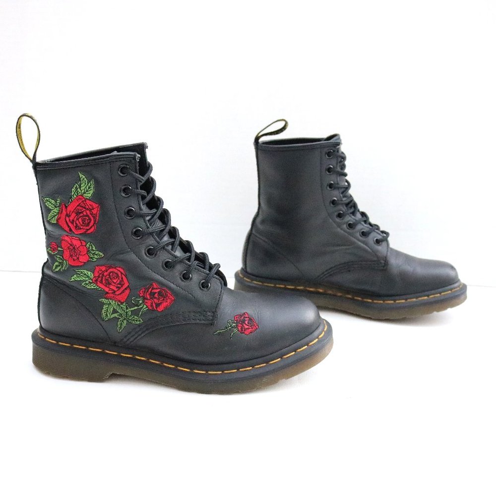 Dr. Martens Black Boots with Red Floral Embroidery